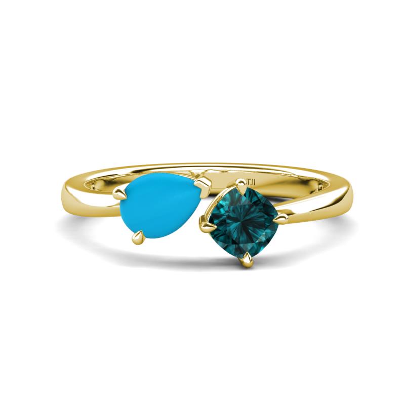 Lysha 1.10 ctw Turquoise Pear Shape (7x5 mm) & London Blue Topaz Cushion Shape (5.00 mm) Toi Et Moi Engagement Ring 