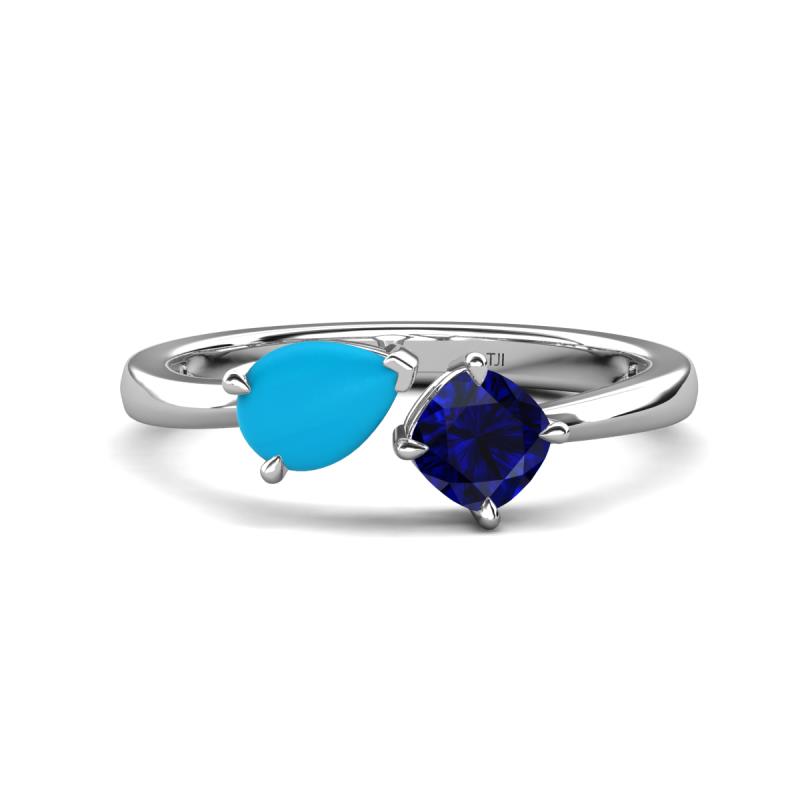 Lysha 1.16 ctw Turquoise Pear Shape (7x5 mm) & Lab Created Blue Sapphire Cushion Shape (5.00 mm) Toi Et Moi Engagement Ring 
