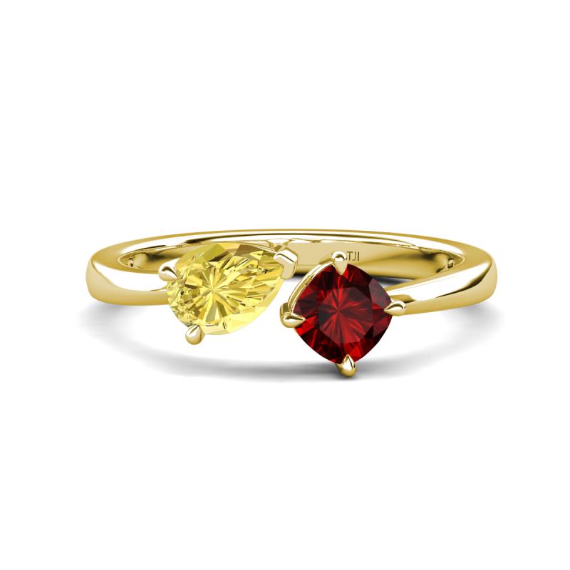Lysha 1.65 ctw Yellow Sapphire Pear Shape (7x5 mm) & Red Garnet Cushion Shape (5.00 mm) Toi Et Moi Engagement Ring 