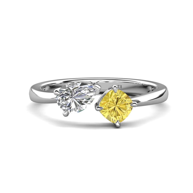 Lysha 1.71 ctw White Sapphire Pear Shape (7x5 mm) & Lab Created Yellow Sapphire Cushion Shape (5.00 mm) Toi Et Moi Engagement Ring 