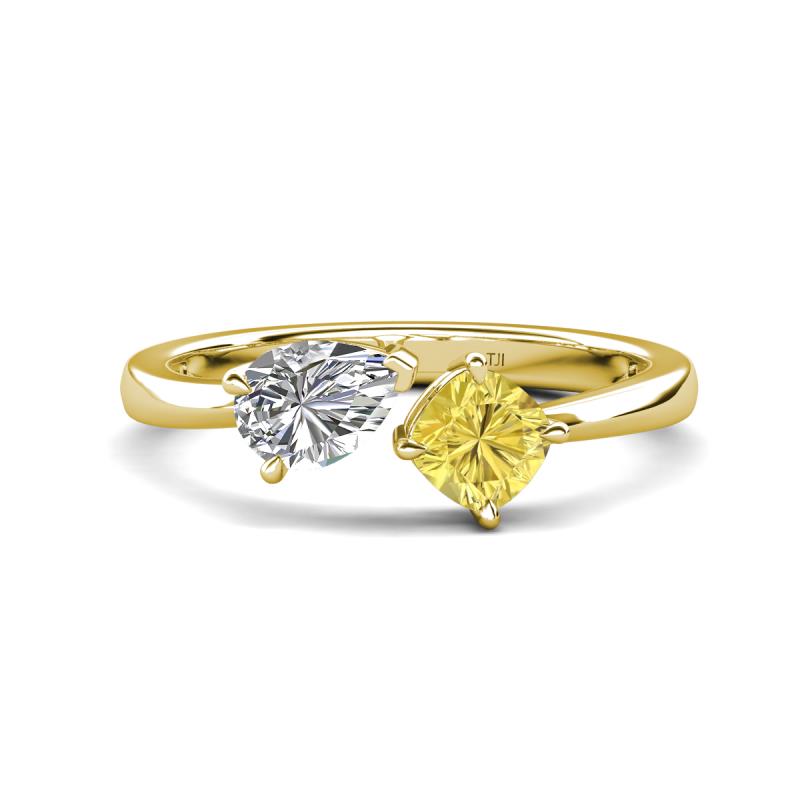 Lysha 1.71 ctw White Sapphire Pear Shape (7x5 mm) & Lab Created Yellow Sapphire Cushion Shape (5.00 mm) Toi Et Moi Engagement Ring 