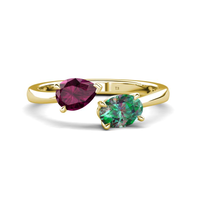 Afra 2.06 ctw Rhodolite Garnet Pear Shape (7x5 mm) & Lab Created Alexandrite Oval Shape (7x5 mm) Toi Et Moi Engagement Ring 