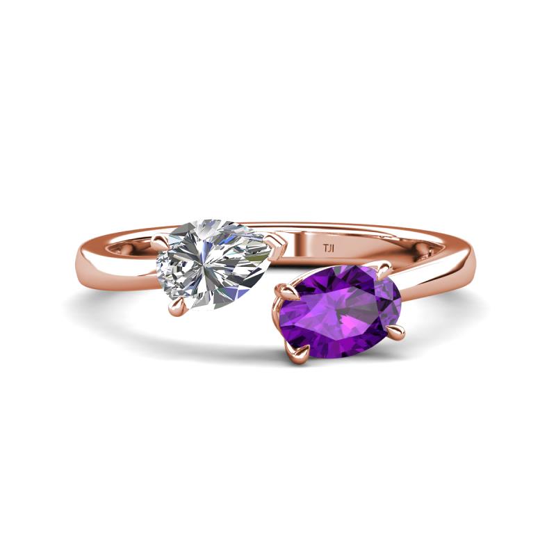 Afra 1.57 ctw Moissanite Pear Shape (7x5 mm) & Amethyst Oval Shape (7x5 mm) Toi Et Moi Engagement Ring 