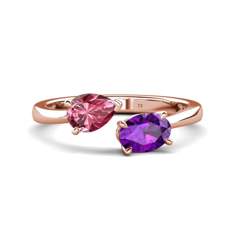 Afra 1.42 ctw Pink Tourmaline Pear Shape (7x5 mm) & Amethyst Oval Shape (7x5 mm) Toi Et Moi Engagement Ring 