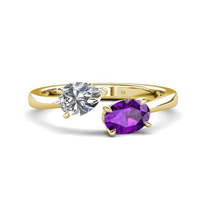 Afra 1.62 ctw White Sapphire Pear Shape (7x5 mm) & Amethyst Oval Shape (7x5 mm) Toi Et Moi Engagement Ring 