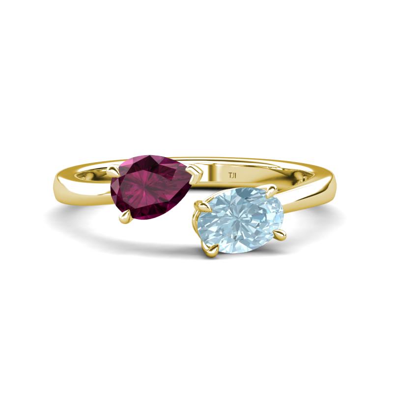 Afra 1.62 ctw Rhodolite Garnet Pear Shape (7x5 mm) & Aquamarine Oval Shape (7x5 mm) Toi Et Moi Engagement Ring 