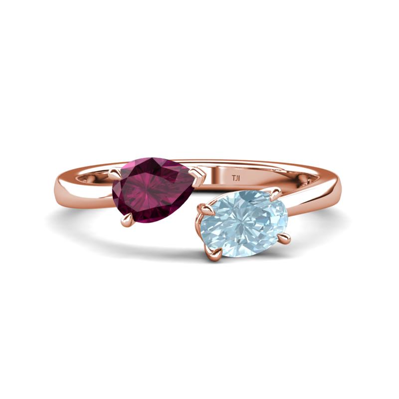 Afra 1.62 ctw Rhodolite Garnet Pear Shape (7x5 mm) & Aquamarine Oval Shape (7x5 mm) Toi Et Moi Engagement Ring 