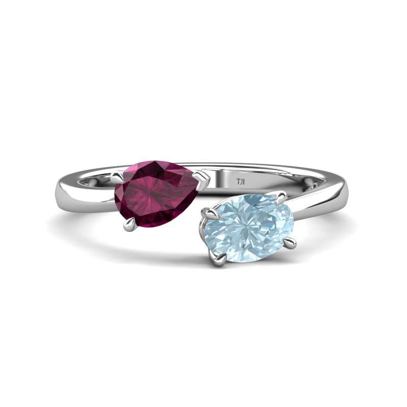 Afra 1.62 ctw Rhodolite Garnet Pear Shape (7x5 mm) & Aquamarine Oval Shape (7x5 mm) Toi Et Moi Engagement Ring 