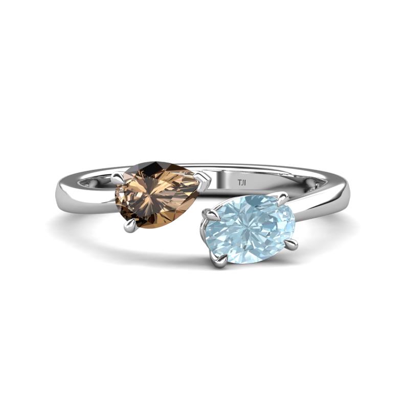 Afra 1.37 ctw Smoky Quartz Pear Shape (7x5 mm) & Aquamarine Oval Shape (7x5 mm) Toi Et Moi Engagement Ring 