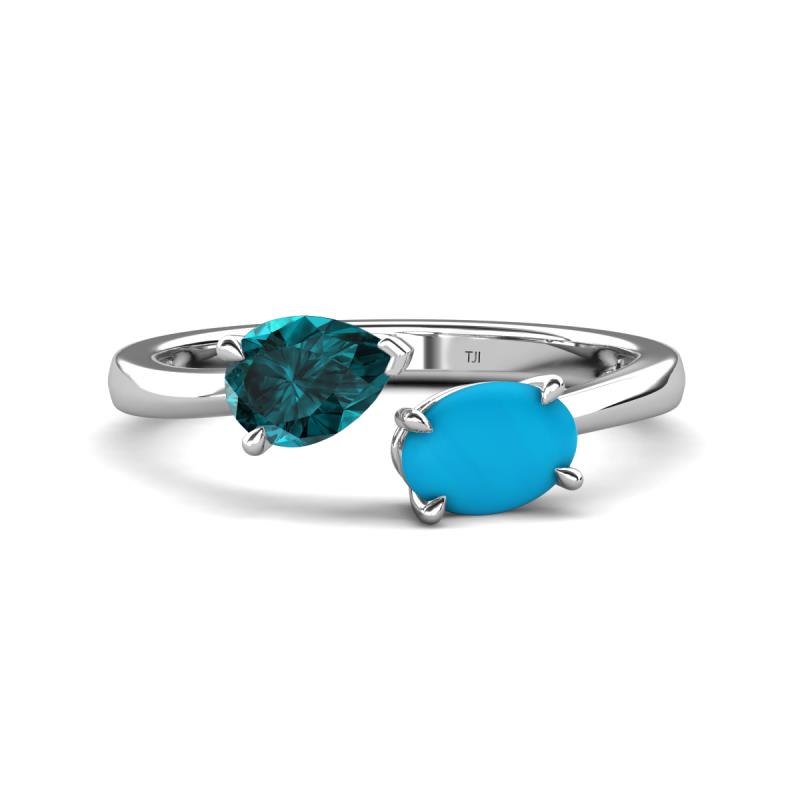 Afra 1.55 ctw London Blue Topaz Pear Shape (7x5 mm) & Turquoise Oval Shape (7x5 mm) Toi Et Moi Engagement Ring 