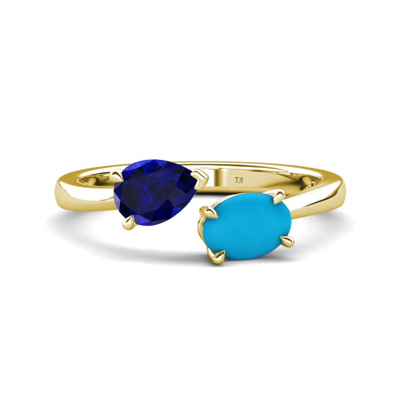 Afra 1.60 ctw Blue Sapphire Pear Shape (7x5 mm) & Turquoise Oval Shape (7x5 mm) Toi Et Moi Engagement Ring 