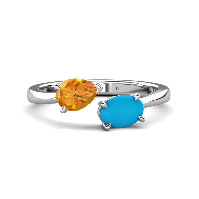Afra 1.35 ctw Citrine Pear Shape (7x5 mm) & Turquoise Oval Shape (7x5 mm) Toi Et Moi Engagement Ring 