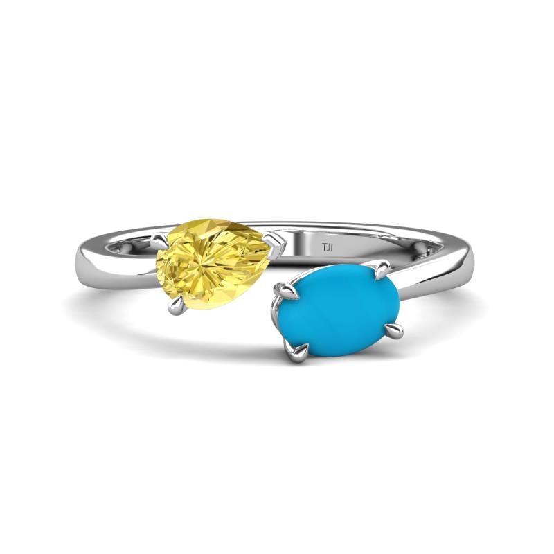 Afra 1.60 ctw Yellow Sapphire Pear Shape (7x5 mm) & Turquoise Oval Shape (7x5 mm) Toi Et Moi Engagement Ring 