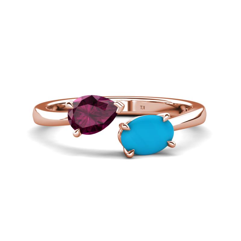 Afra 1.60 ctw Rhodolite Garnet Pear Shape (7x5 mm) & Turquoise Oval Shape (7x5 mm) Toi Et Moi Engagement Ring 