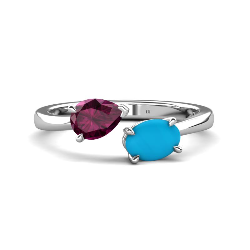 Afra 1.60 ctw Rhodolite Garnet Pear Shape (7x5 mm) & Turquoise Oval Shape (7x5 mm) Toi Et Moi Engagement Ring 
