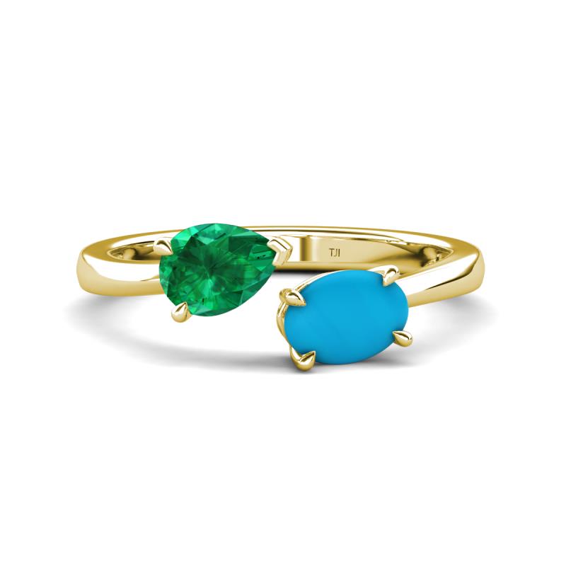 Afra 1.50 ctw Emerald Pear Shape (7x5 mm) & Turquoise Oval Shape (7x5 mm) Toi Et Moi Engagement Ring 