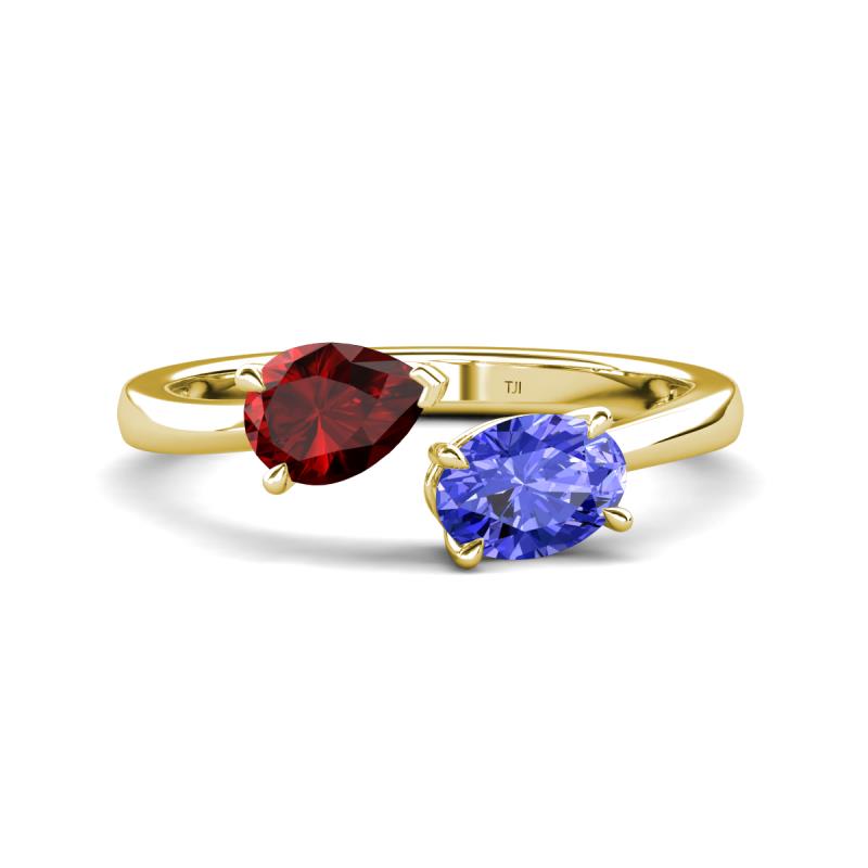 Afra 1.75 ctw Red Garnet Pear Shape (7x5 mm) & Tanzanite Oval Shape (7x5 mm) Toi Et Moi Engagement Ring 
