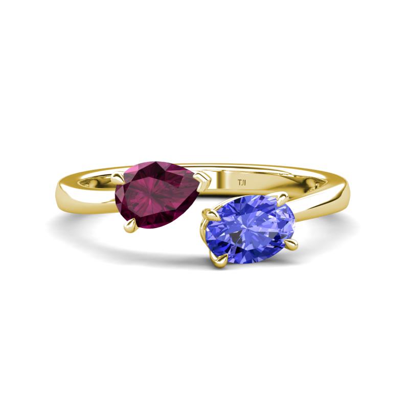 Afra 1.75 ctw Rhodolite Garnet Pear Shape (7x5 mm) & Tanzanite Oval Shape (7x5 mm) Toi Et Moi Engagement Ring 