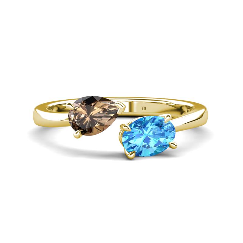 Afra 1.65 ctw Smoky Quartz Pear Shape (7x5 mm) & Blue Topaz Oval Shape (7x5 mm) Toi Et Moi Engagement Ring 