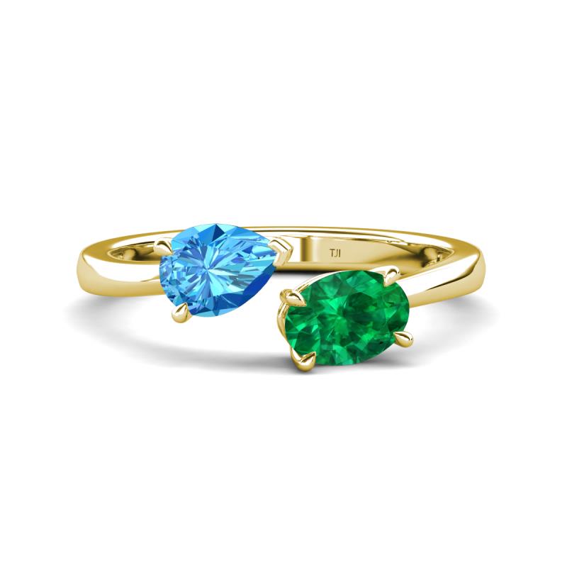 Afra 1.65 ctw Blue Topaz Pear Shape (7x5 mm) & Emerald Oval Shape (7x5 mm) Toi Et Moi Engagement Ring 