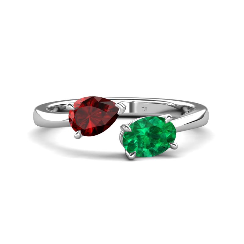 Afra 1.70 ctw Red Garnet Pear Shape (7x5 mm) & Emerald Oval Shape (7x5 mm) Toi Et Moi Engagement Ring 