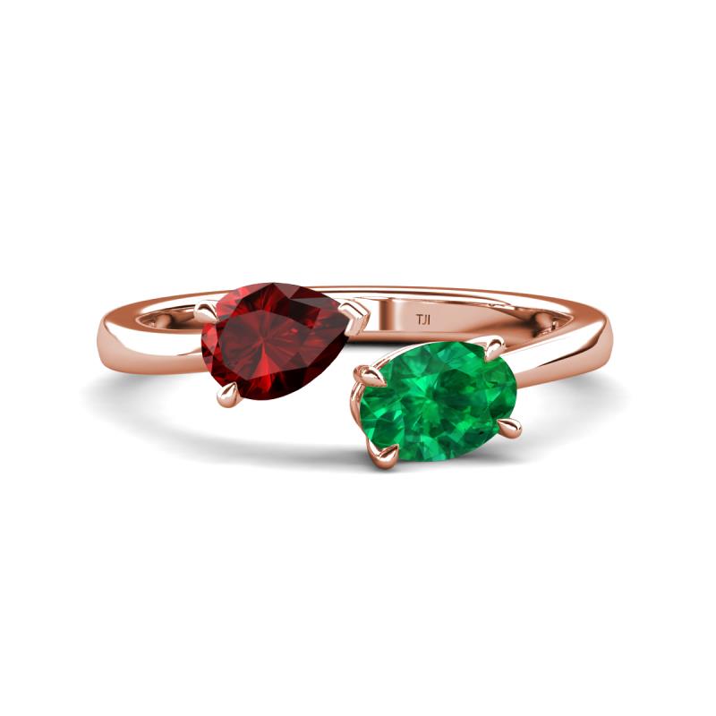 Afra 1.70 ctw Red Garnet Pear Shape (7x5 mm) & Emerald Oval Shape (7x5 mm) Toi Et Moi Engagement Ring 