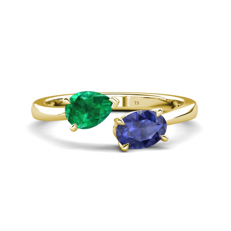 Afra 1.47 ctw Emerald Pear Shape (7x5 mm) & Iolite Oval Shape (7x5 mm) Toi Et Moi Engagement Ring 