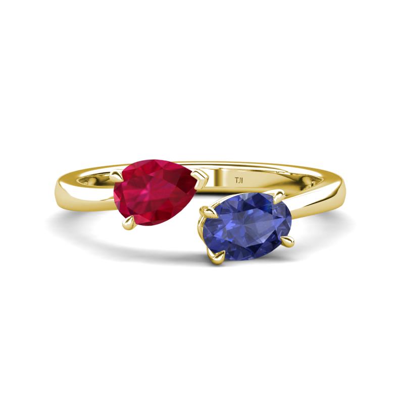Afra 1.62 ctw Ruby Pear Shape (7x5 mm) & Iolite Oval Shape (7x5 mm) Toi Et Moi Engagement Ring 