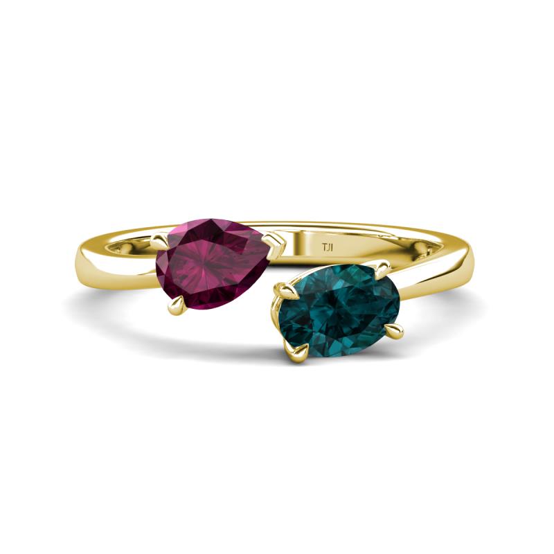Afra 1.90 ctw Rhodolite Garnet Pear Shape (7x5 mm) & London Blue Topaz Oval Shape (7x5 mm) Toi Et Moi Engagement Ring 