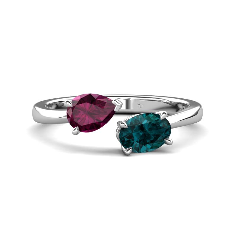 Afra 1.90 ctw Rhodolite Garnet Pear Shape (7x5 mm) & London Blue Topaz Oval Shape (7x5 mm) Toi Et Moi Engagement Ring 