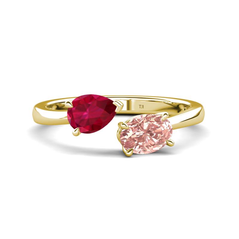 Afra 1.70 ctw Ruby Pear Shape (7x5 mm) & Morganite Oval Shape (7x5 mm) Toi Et Moi Engagement Ring 