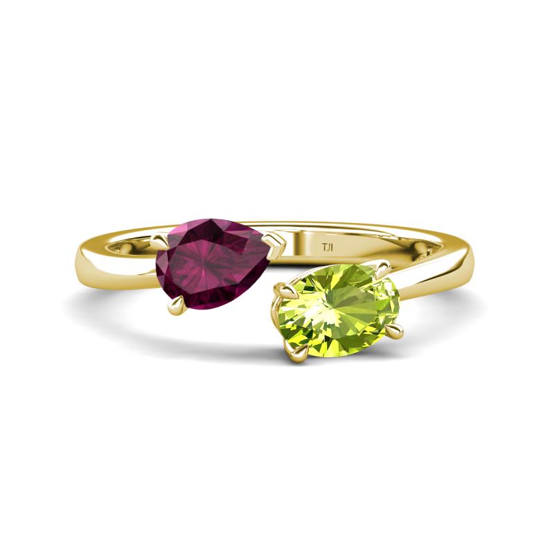 Afra 1.80 ctw Rhodolite Garnet Pear Shape (7x5 mm) & Peridot Oval Shape (7x5 mm) Toi Et Moi Engagement Ring 