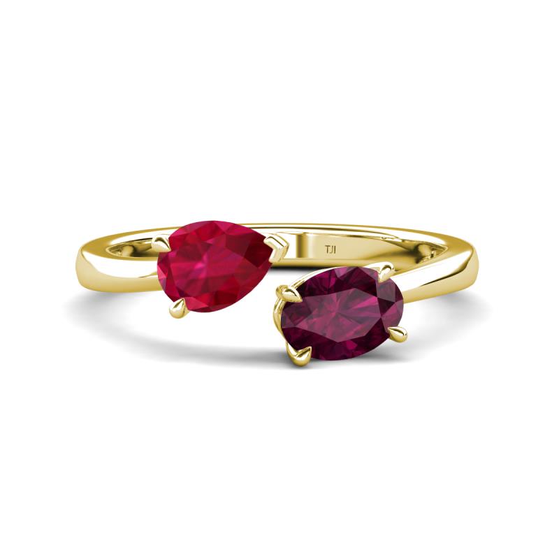 Afra 1.95 ctw Ruby Pear Shape (7x5 mm) & Rhodolite Garnet Oval Shape (7x5 mm) Toi Et Moi Engagement Ring 