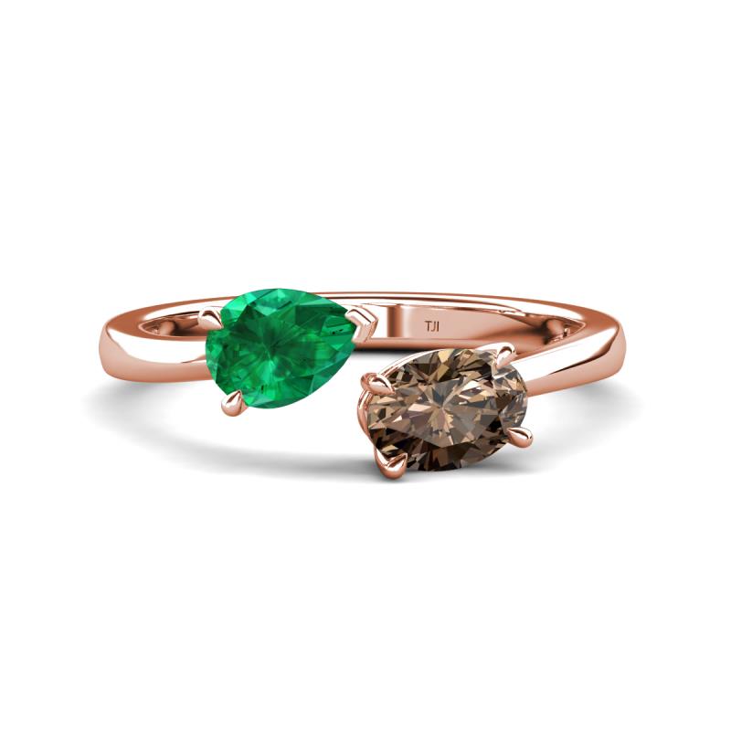 Afra 1.55 ctw Emerald Pear Shape (7x5 mm) & Smoky Quartz Oval Shape (7x5 mm) Toi Et Moi Engagement Ring 