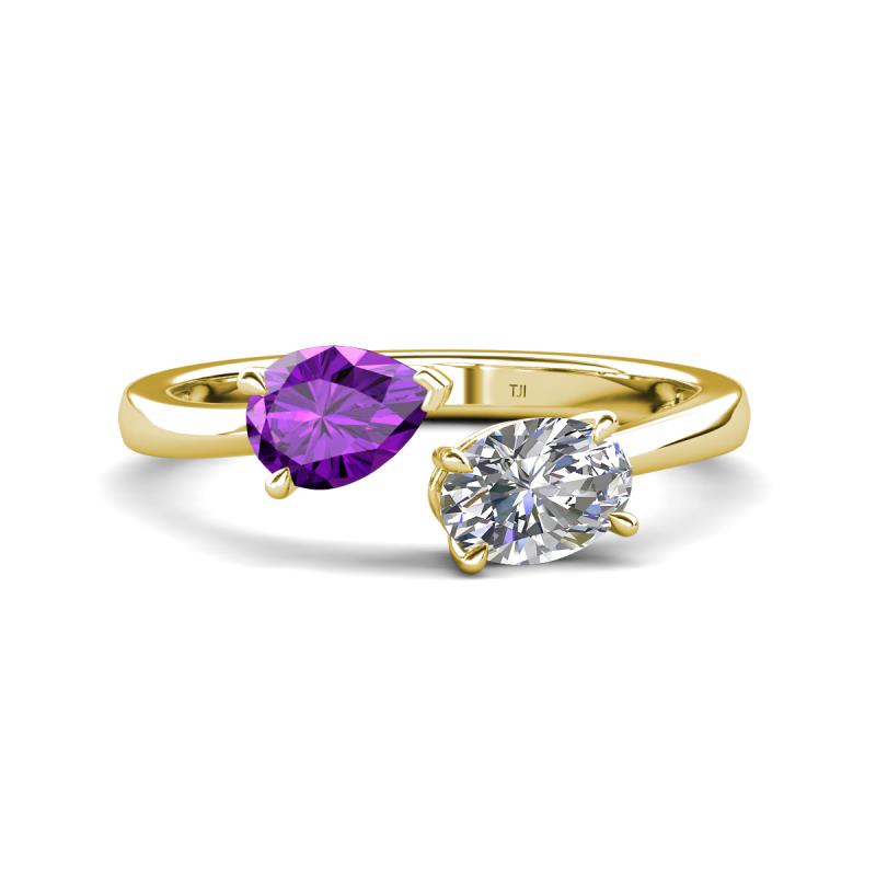 Afra 1.50 ctw Amethyst Pear Shape (7x5 mm) & Moissanite Oval Shape (7x5 mm) Toi Et Moi Engagement Ring 