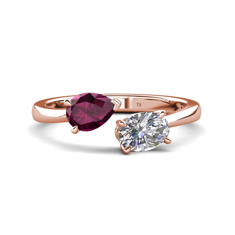 Afra 1.75 ctw Rhodolite Garnet Pear Shape (7x5 mm) & Moissanite Oval Shape (7x5 mm) Toi Et Moi Engagement Ring 