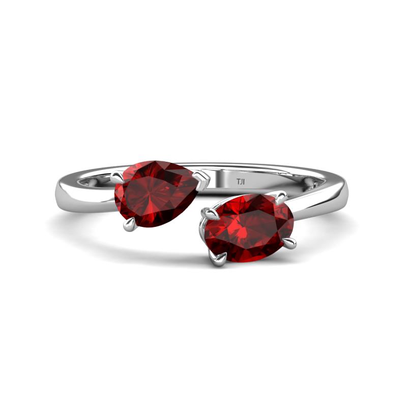 Afra 1.85 ctw Red Garnet Pear Shape (7x5 mm) & Red Garnet Oval Shape (7x5 mm) Toi Et Moi Engagement Ring 