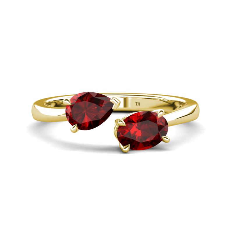 Afra 1.85 ctw Red Garnet Pear Shape (7x5 mm) & Red Garnet Oval Shape (7x5 mm) Toi Et Moi Engagement Ring 