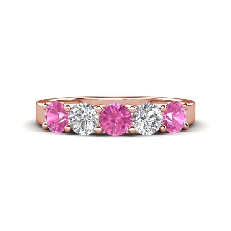 Wenda 1.29 ctw (4.00 mm) Round Pink Sapphire & Lab Grown Diamond Side Gallery 5 Stone Wedding Band 