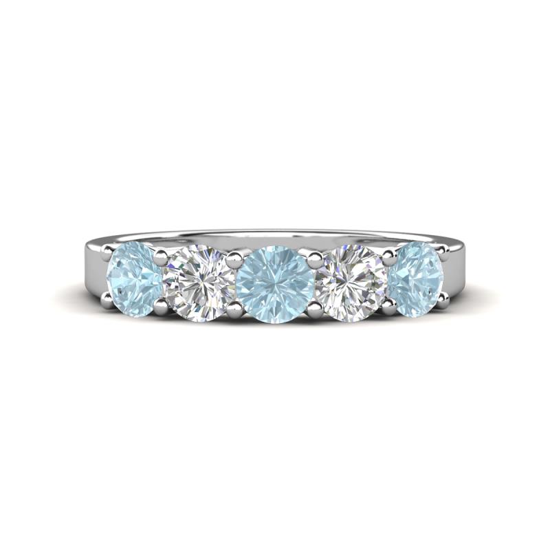 Wenda 1.10 ctw (4.00 mm) Round Aquamarine & Lab Grown Diamond Side Gallery 5 Stone Wedding Band 