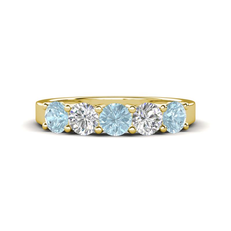 Wenda 1.10 ctw (4.00 mm) Round Aquamarine & Lab Grown Diamond Side Gallery 5 Stone Wedding Band 