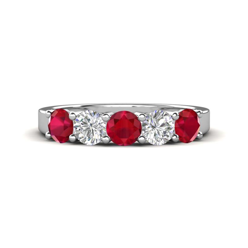 Wenda 1.28 ctw (4.00 mm) Round Ruby & Lab Grown Diamond Side Gallery 5 Stone Wedding Band 