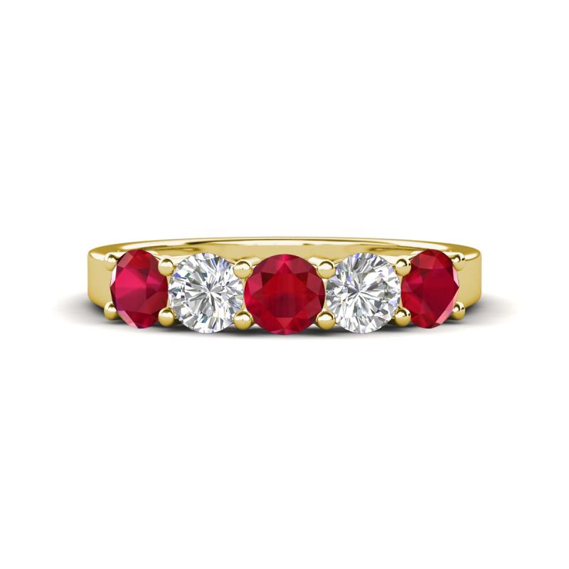 Wenda 1.28 ctw (4.00 mm) Round Ruby & Lab Grown Diamond Side Gallery 5 Stone Wedding Band 