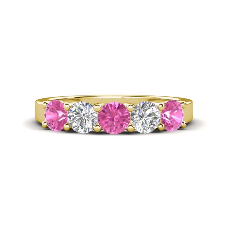 Wenda 1.29 ctw (4.00 mm) Round Pink Sapphire & Lab Grown Diamond Side Gallery 5 Stone Wedding Band 