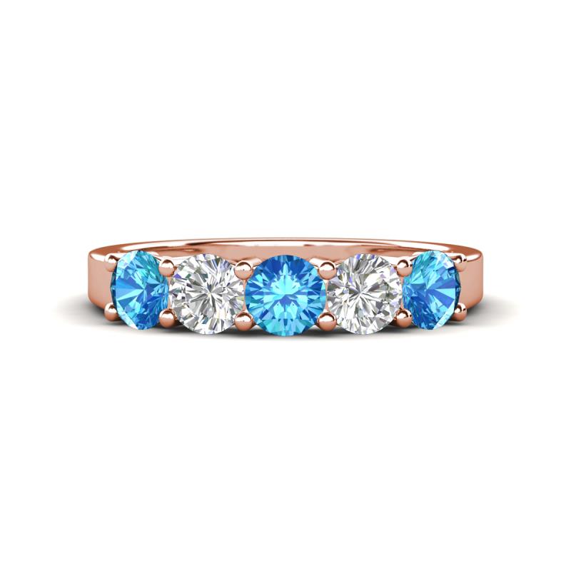 Wenda 1.16 ctw (4.00 mm) Round Blue Topaz & Lab Grown Diamond Side Gallery 5 Stone Wedding Band 