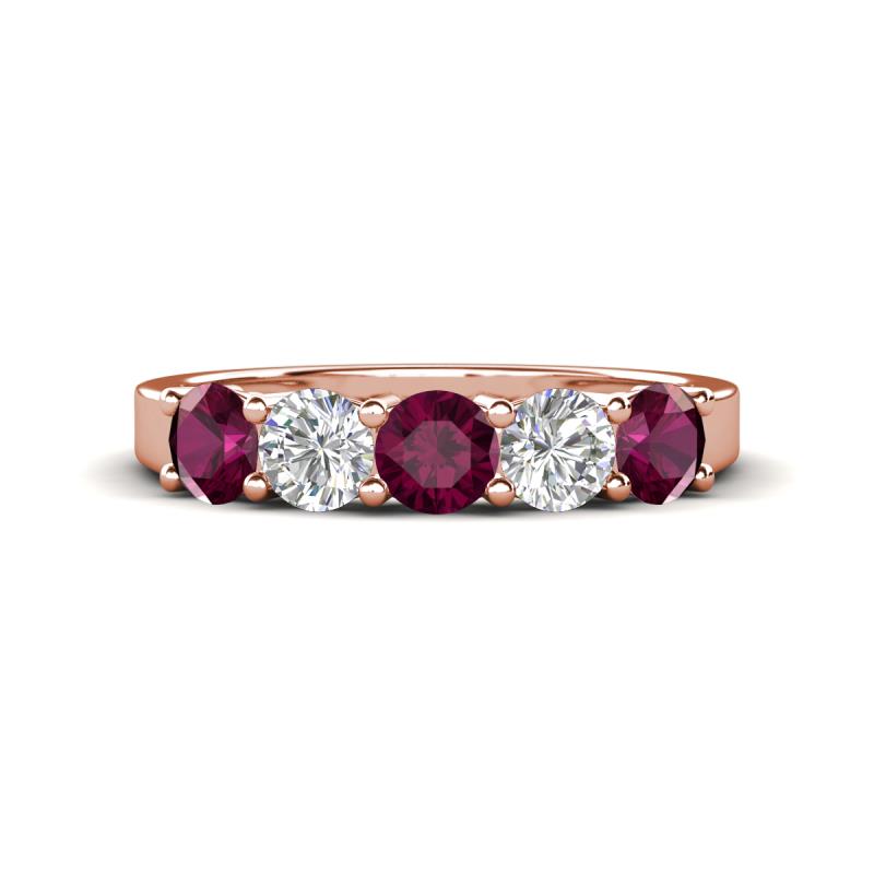 Wenda 1.45 ctw (4.00 mm) Round Rhodolite Garnet & Lab Grown Diamond Side Gallery 5 Stone Wedding Band 