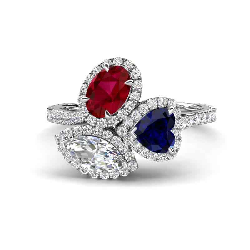 Sienna 3.66 ctw Multi Shape Oval Created Ruby, Heart Created Blue Sapphire & Marquise Lab Grown Diamond Three Stone Engagement Ring 