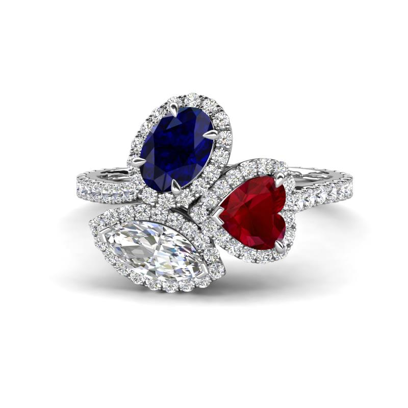 Sienna 3.28 ctw Multi Shape Oval Created Blue Sapphire, Heart Created Ruby & Marquise Lab Grown Diamond Three Stone Engagement Ring 