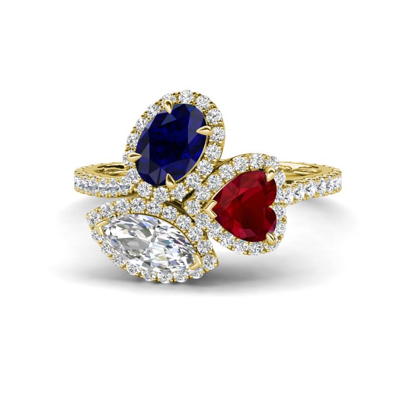 Sienna 3.28 ctw Multi Shape Oval Created Blue Sapphire, Heart Created Ruby & Marquise Lab Grown Diamond Three Stone Engagement Ring 