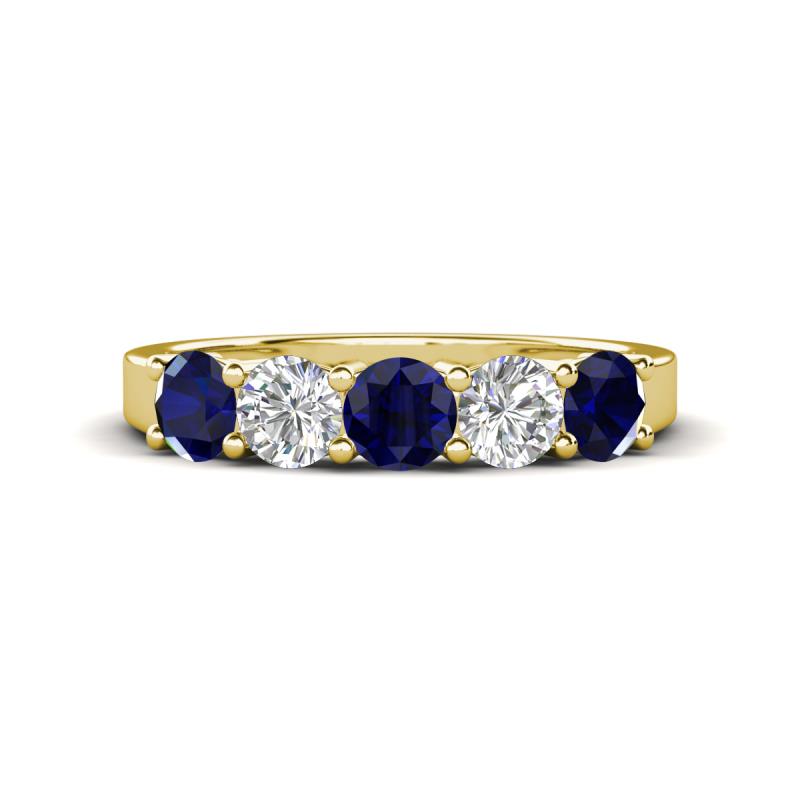 Wenda 1.40 ctw (4.00 mm) Round Blue Sapphire & Natural Diamond Side Gallery 5 Stone Wedding Band 